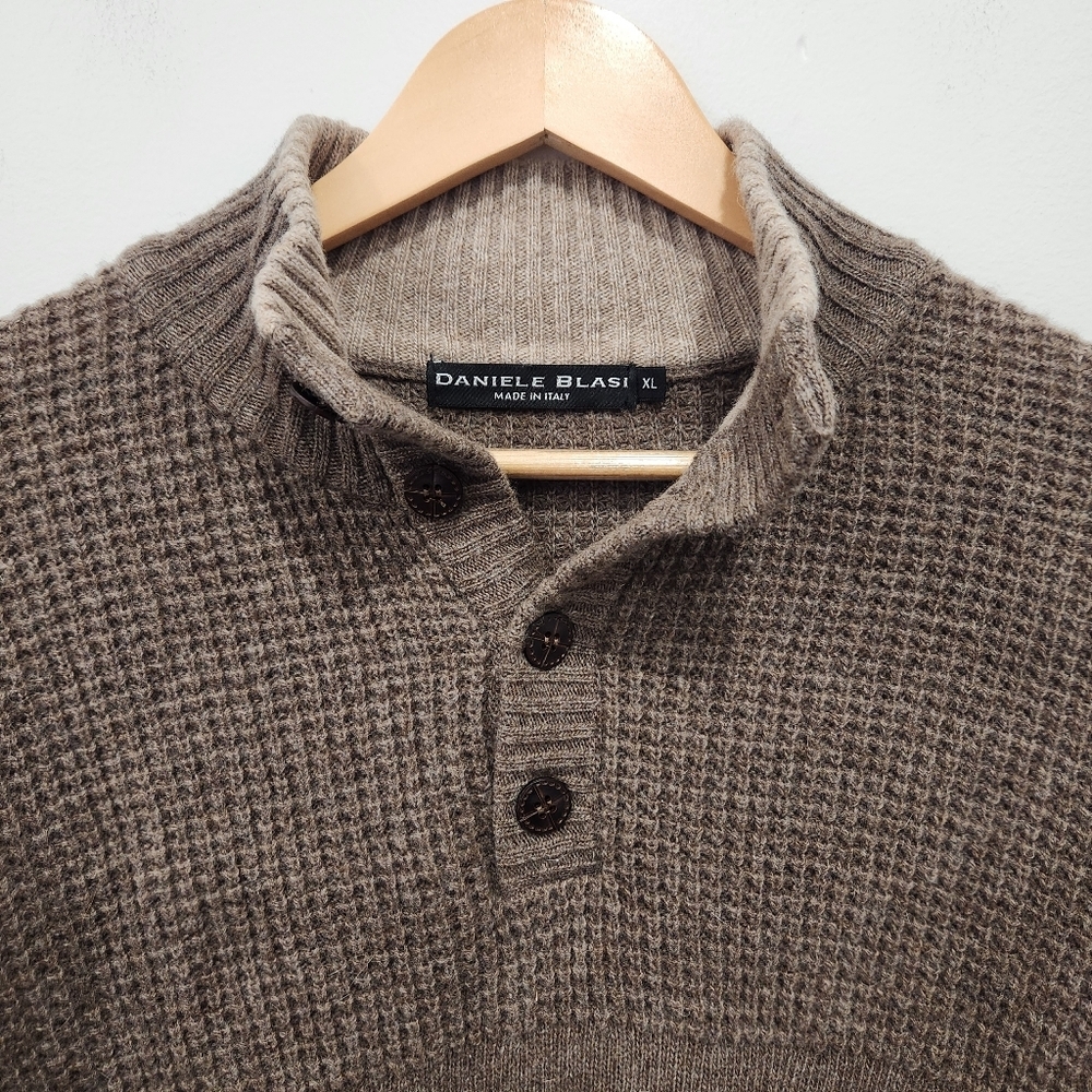 VTG Daniele Blasi Wool Blend Henley Sweater Mens XL Brown Waffle Knit Preppy - Picture 2 of 11